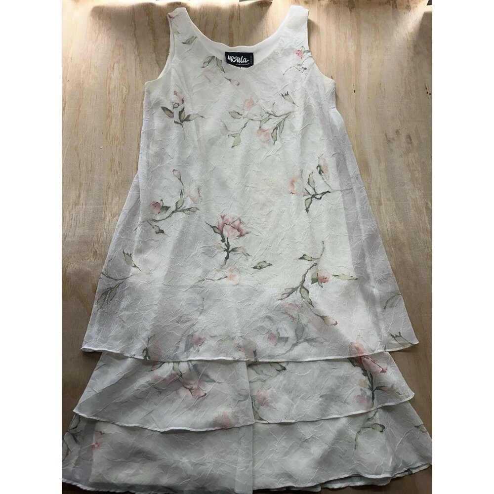 VTG Ursula Of Switzerland Dress‎ Womens 14 Rose Beige Floral Sleeveless Crinkle